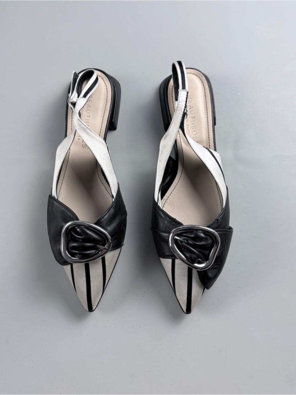 Beautiisoles Nero Bianco Leather Slingback Pointed Toe Heels EU 37 US 7